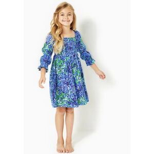 Lilly Pulitzer Dress Girls Large Blue Green Mini Beyonca Smocked‎ Floral Cotton